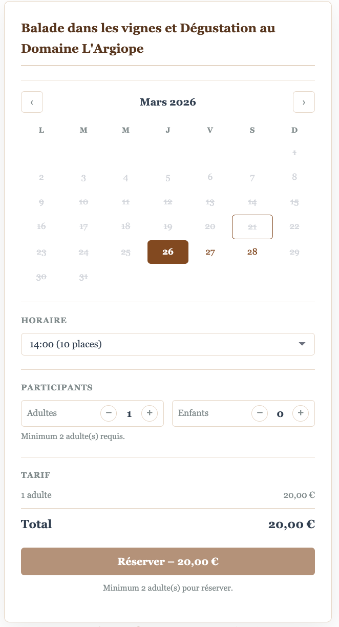 Widget de réservation Viny'aquí intégré au site d'un domaine viticole